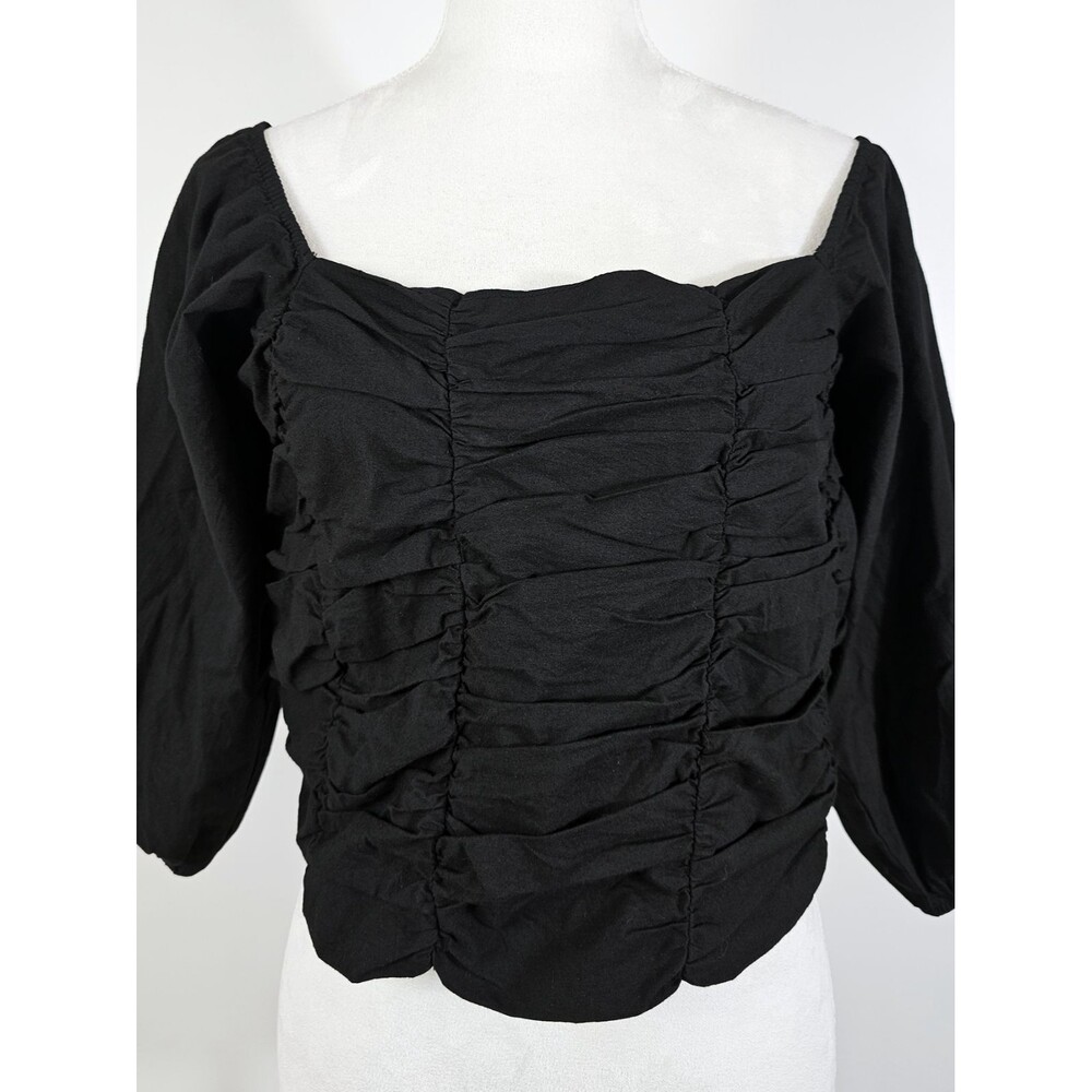 It's Pink Large Black Ruched Puffed 3/4 Sleeve Boho Goth Crop Top